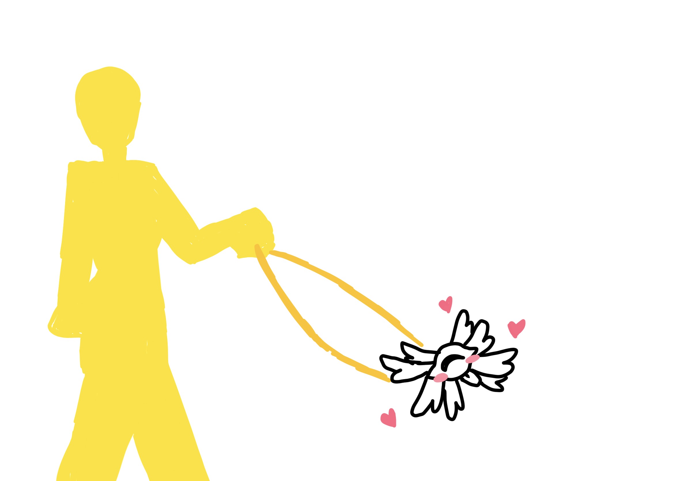 An angel walking a smaller angel on a leash